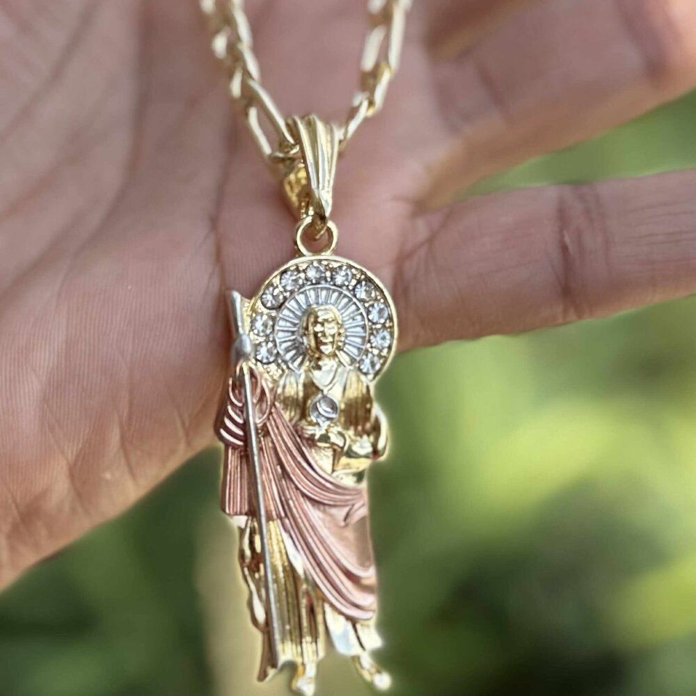 St Jude Thaddeus Pendant Necklace 14K Gold Plated Religious Piece Figaro 18x4mm